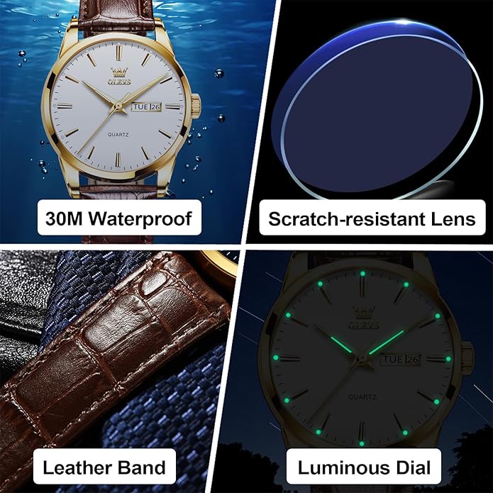 Men's Casual Leather Watch, Easy to Read Three-Hand Analog Stainless Steel Watches for Men, Minimalist Day Date Waterproof Luminous Mens Quartz Wristwatch