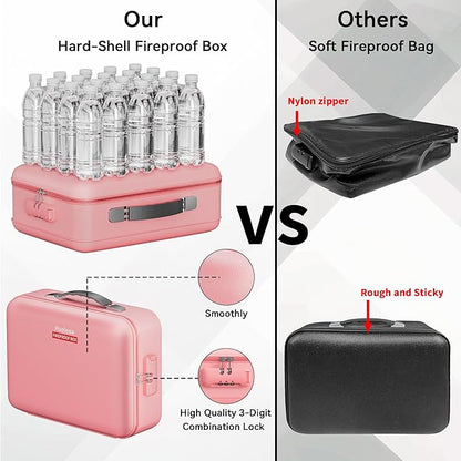 Fireproof Document Box, Hard Case Fireproof Box with Lock, Portable Hard-Shell Fireproof Water Resistant Document Safe for Important Documents, Laptops, Passports, Files and More (Pink)