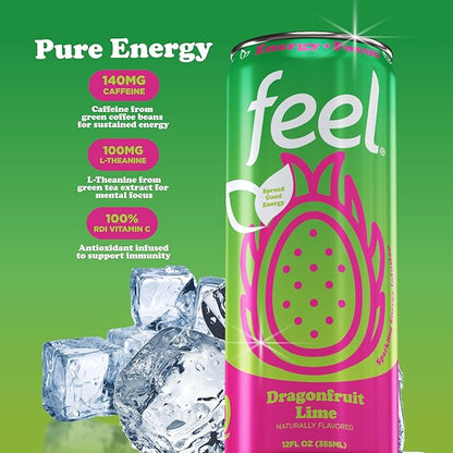FEEL Zero Sugar Natural Energy Drink – Dragonfruit Lime, 140 mg Plant-Based Caffeine with L-Theanine for Focus & Vitamin C for Immunity, Vegan, Non-GMO, No Artificial Sweeteners, 12 Fl Oz Cans (12-Pack)