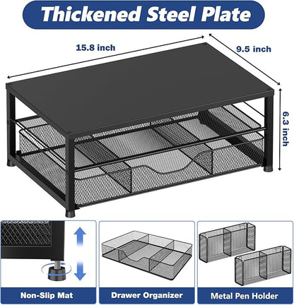Desk Organizer and Accessories, 2-Tier Computer Monitor Stand Riser with Drawer and 2 Pen Holders, Laptop Stand, Office Desk Accessories for Office Supplies, Black 2-Pack