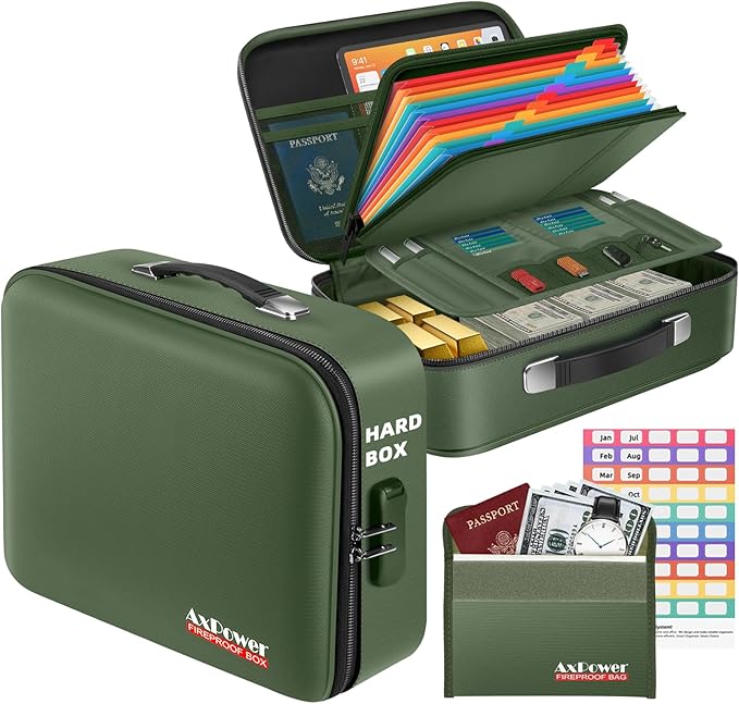 Fireproof Document Box Hard Case With Lock, Multi-Layer Fire Proof Water Resistant Safe Box File Organizer Bag With Small Money Bag for Important Documents Passport Certificates Laptop (Green)