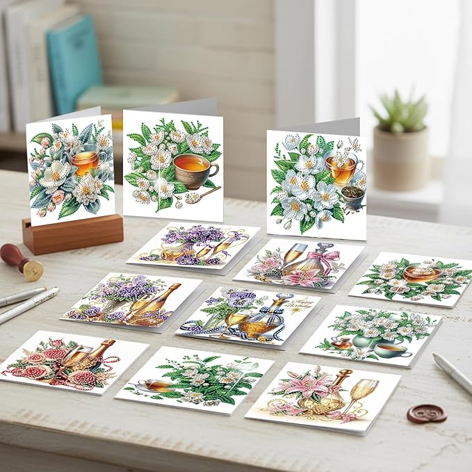 jinglinhh 12pcs Diamond Art Painting Flower Drink Greeting Cards with Envelopes, DIY Card Making Kits for Adults, Diamond Art Postcards Christmas Cards Craft Gifts