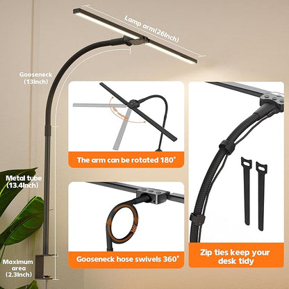Desk Lamp Home Office,15W Dual Screen Monitor Light with Clamp,Adjustable Gooseneck Computer Light with Stepless Color Temp and Dimming for Architect Work (Black)