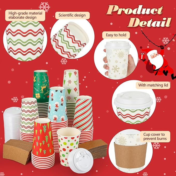 Tioncy 300 PCS/100 Set 16oz Christmas Paper Cups Christmas with Lids and Sleeves Disposable Coffee Cup Hot Chocolate Cocoa Cup Tea Coffee Paper Cups for Party Holidays Hot Cold Drinks(Stylish Style)