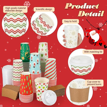 Tioncy 300 PCS/100 Set 16oz Christmas Paper Cups Christmas with Lids and Sleeves Disposable Coffee Cup Hot Chocolate Cocoa Cup Tea Coffee Paper Cups for Party Holidays Hot Cold Drinks(Stylish Style)