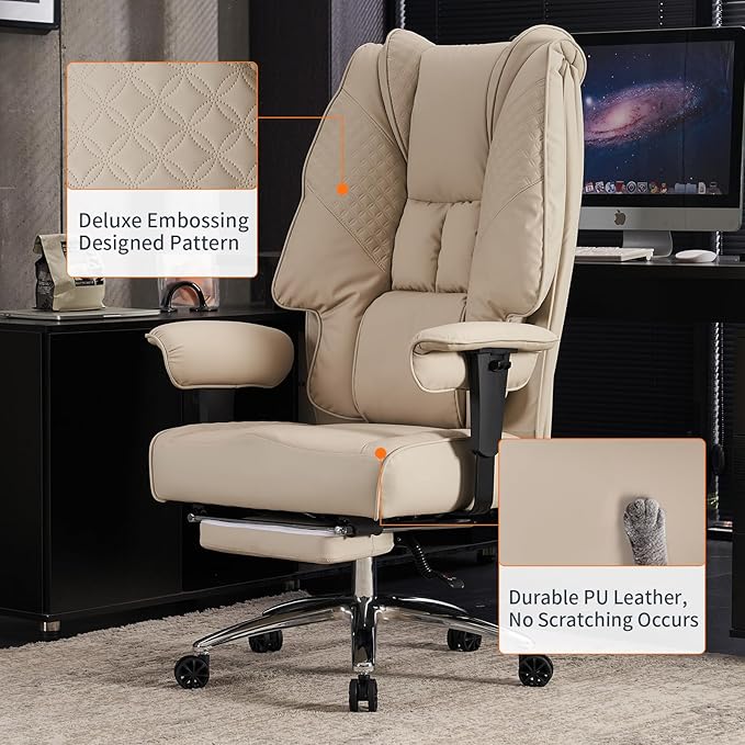Big and Tall Office Chair 400lbs Wide Seat, Leather High Back Executive Office Chair with Foot Rest, Ergonomic Chairs Lumbar Support for Lower Back Pain Relief (Beige)