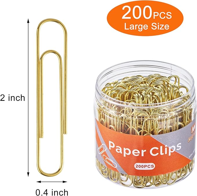 NEEWAY Gold Paper Clips, 200 Count Large Size, 2 Inch Jumbo Paperclips, Stylish Gold-Plated Paper Clip (Pack of 2)