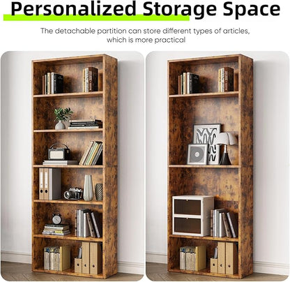 Bookshelf, 6 Tiers Wood Bookcase, 64 Inch Floor Standing Bookshelves, Open Storage Shelves for Books/Kits/Toys/CDs, Vintage Tall Shelf with Freestanding for Home Office Bedroom