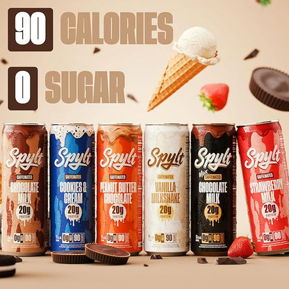 Spylt High Protein Milk - 6 Flavor Variety Pack with 60mg Caffeine & 20g Protein - 90 Calories, Ready to Drink, Sugar Free, Lactose Free Milk, Perfect for Workout Recovery & Afternoon Pick Me Up - 12 Count