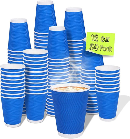 Coffee Cups, 50-Pack of 12 oz Disposable Paper Cups, Corrugated Insulated Ripple Wall for Hot & Cold Drinks（Blue）