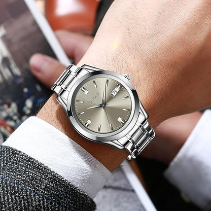 Mens Silver Watch Luxury Minimalist Dress Watch Classic Waterproof Watches for Men Analog Quartz Stainless Steel Men's Wrist Watches with Date Luminous Relojes para Hombres