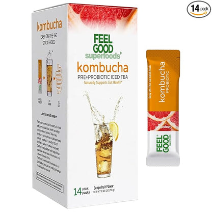 FeelGood Superfoods Kombucha Iced Tea Packets, Delicious Grapefruit Flavored Refreshing Instant Kombucha Powder Fizzy Drink, Probiotic Supplement for Gut Health, 14 pack