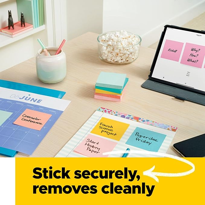 Post-it Notes, 3x3 in, 4 Pads, America's #1 Favorite Sticky Notes, Beachside Café Collection, Pastel Colors (Pink, Mint, Yellow), Recyclable (5401)