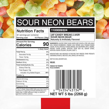 Candy Break Sour Neon Gummy Bears, Four Flavor Gummies, Sweet & Sour Candy Snacks for Kids & Adults, Bulk Candies Share Size Bag, Variety Pack, 5 lbs Pack of 1