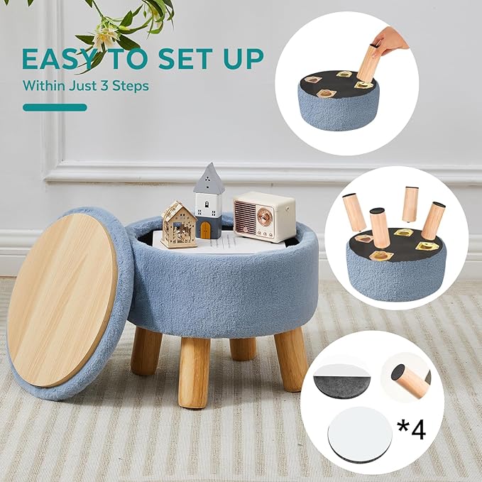 Small Foot Stool Ottoman with Storage, Faux Fur Ottoman Foot Rest for Couch, Round Footstool with Storage, Small Ottomans and Footstools for Living Room and Entryway (Light Blue)