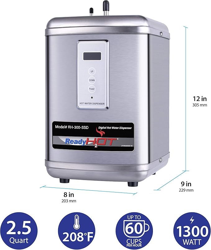 Ready Hot 41-RH-300-F560-CH Instant Hot Water Dispenser System, 2.5 Quarts, Digital Display Dual Lever Hot and Cold Water Faucet Polished Chrome
