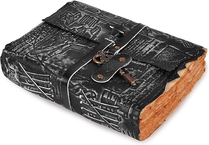 LEATHER VILLAGE Genuine Leather Handmade Journal for Men & Women – Vitruvian Man Embossed Cover – Key Closure – Book of Shadow – Vintage Deckle Edge Paper for Writing, Drawing – 7x5 Inches – Black