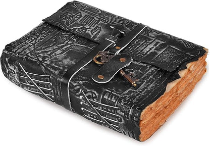 LEATHER VILLAGE Genuine Leather Handmade Journal for Men & Women – Vitruvian Man Embossed Cover – Key Closure – Book of Shadow – Vintage Deckle Edge Paper for Writing, Drawing – 7x5 Inches – Black