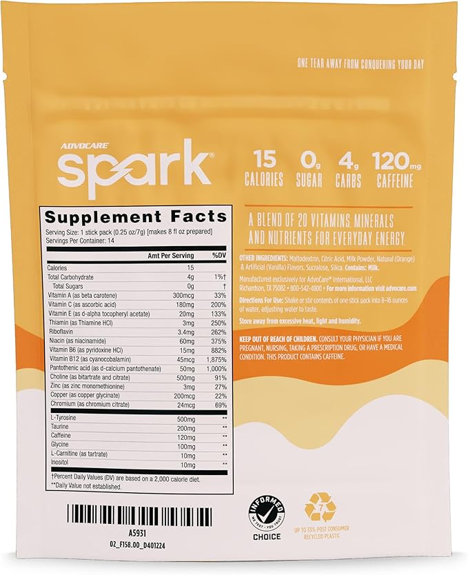 AdvoCare Spark - Energy Drink Mix - Vitamin & Amino Acid Supplement - Supports Energy & Focus - Portable Immune Support - Sugar-Free - - Orange Cream Float, 14 Stick Packs (3.5 oz)