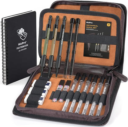 Nicpro 1.3mm Mechanical Pencil Set in Leather Bag with Waterproof Field Notebooks, 3PCS Metal Heavy Duty Carpenter Pencil with Lead Refill & Eraser for Outdoor Journal Travel Drafting Drawing