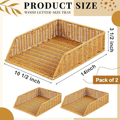 Yeaqee 2 Pcs Paper Tray Organizer for Desk Woven Letter File Organizer A4 File Tray Desk Paper Basket Letter Size Imitation Rattan Holder Organization Rack for Office Storage(Brown,Sleek Style)