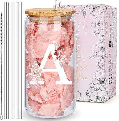 Personalized Tumbler, Monogrammed Can Glass Cups with Bamboo Lids and Straws, Customized Gifts for Women, Cute Design Initial Iced Coffee glasses, Custom Letter Mug, Birthday Bridesmaid, A