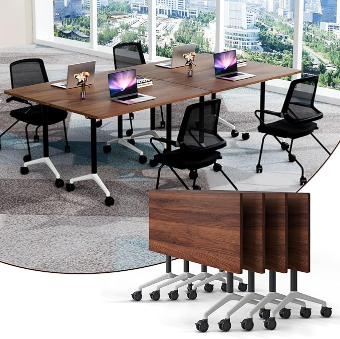 Conference Room Table,Conference Table with Wheels,Foldable Meeting Tables for 2-16 Persons,Flip Top Large Seminar Table,for Office,Schools and Training Rooms（4pack,Walnut,47"