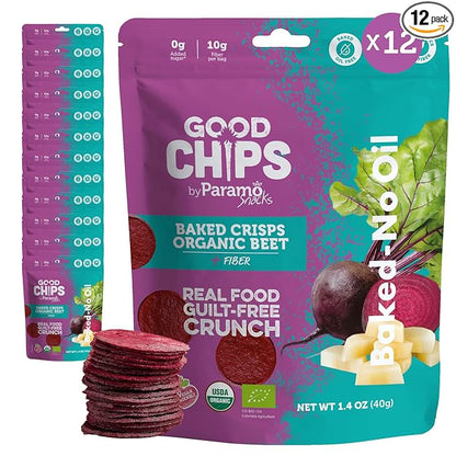Good Chips Beet & Yacon - Crispy, Baked, No Oil, No Added Salt - Organic, High Fiber, Prebiotic Superfood - Healthy, Vegan Snack - 1.4 oz, Pack of 12