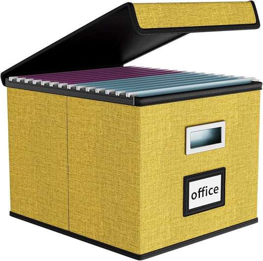 Huolewa Collapsible File Storage Organizer Box with Lid, Linen Document Storage Organization, Universal Hanging Filing Box for Letter/Legal Folder, Decorative Office/Home File Bins - yellow, box only