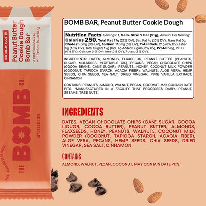 The Bomb Co. Blender Bomb Bar, Peanut Butter Cookie Dough, Superfood Snack Bar for Gut Health, Peanut Butter, Hemp Seeds, Chia Seeds, Flax Seeds, Sea Salt, Aloe Vera, Vegan Chocolate Chips, 9 Bars
