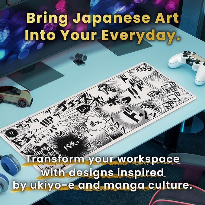 BELLEMOND Japanese Art Desk Mat | Large 31.5x11.8in Desk Pad | Anime Mouse Pad for Keyboard & Mouse | Non-Slip Base, Water-Repellent, Smooth Precision | Manga Burst