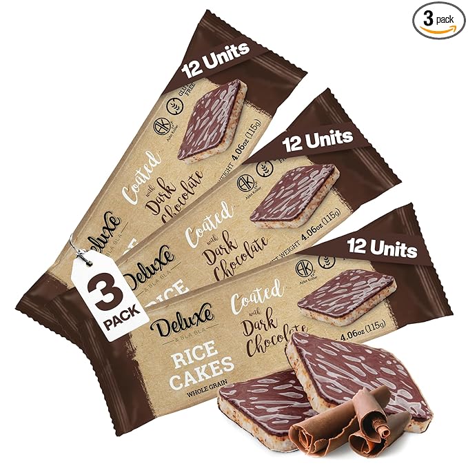 Deluxe & Bla Bla Dark Chocolate Rice Cakes,Kosher Certified Dairy Free,Gluten Free,Nuts Free,Vegan Snack (Dark Chocolate) Pack Of 3