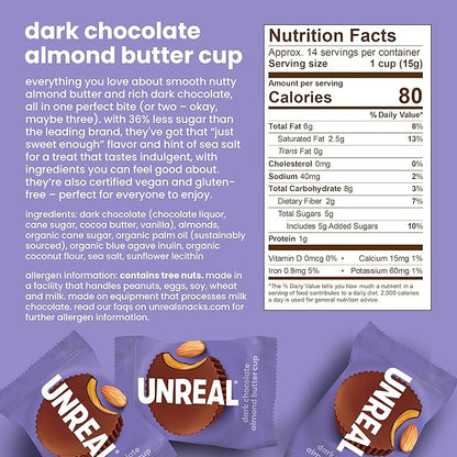 UNREAL Dark Chocolate Almond Butter Cups | 5g Sugar | Certified Vegan, Gluten Free, Fair Trade, Non-GMO | No Sugar Alcohols or Soy | Value Size, 7.4oz (Pack of 3)