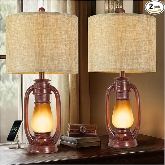 26'' Miner Table Lamps Set of 2 for Bedroom, Rustic Bedside Lamps with Nightlight, Farmhouse Lantern Nightstand Lamps with USB A+C Ports, Decor for Living Room, Study, Home Office (Bulb Included)