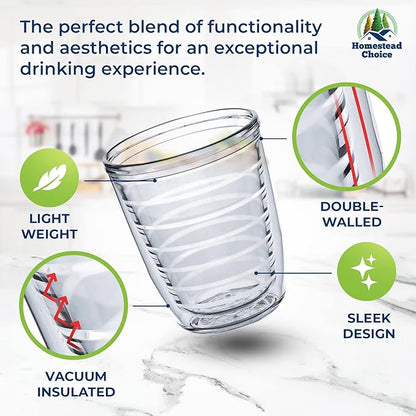 12oz Insulated Tumblers Plastic - Great for Iced Coffee & Hot Drinks, 4 pack Clear Double Wall Insulated Drinking Glasses Cups, BPA-Free, Reusable Cups, Camping, Travel, Kitchen, Party