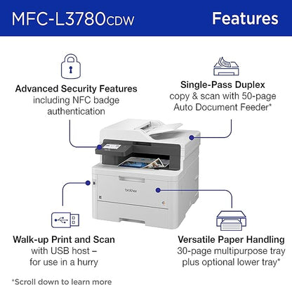 Brother MFC-L3780CDW Wireless Digital Color All-in-One Printer with Laser Quality Output, Single Pass Duplex Copy & Scan | Includes 2 Month Refresh Subscription Trial, Works with Alexa