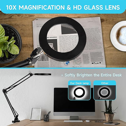 LED Magnifier Desk Lamp with Stand, 3 Color Modes & Stepless Dimming 5-Diopter Glass Lens, Adjustable Swivel Arm - Magnifying lamp for Close Work, Repair, Crafts, Reading - Long