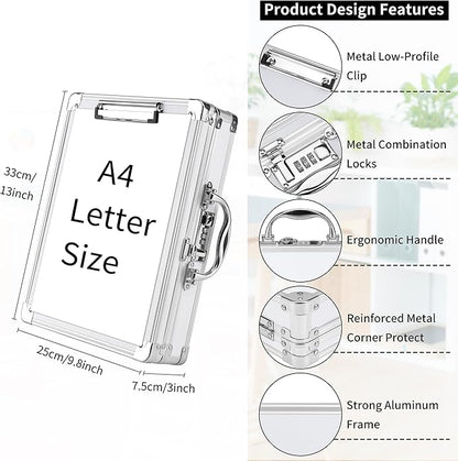 Clipboard Combination Lock Clipboards with Storage Briefcase Heavy Duty Box Aluminum Metal with Handle, Storage Clipboard Maximum Security Large Capacity, White