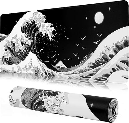 MEWOOCUE® Gaming Mouse Pad for Desk,Large Sea Wave Mousepad Laptop,Black White Japanese Anime Mouse Mat,Long XXL Waterproof Keyboard Pads,Big Non-Slip Mouse Pads for Game Office Home（31.5 x 11.9 in）