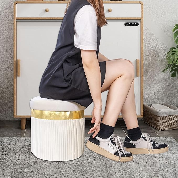 xuperbonusSmall Ottoman with Storage,Folding Round Ottoman with Gold Trim,Velvet Storage Stool,Foot Stool with Soft Padded,Foot Rest for Living Room13“x13”x12.4(YZbeige,1pcs)