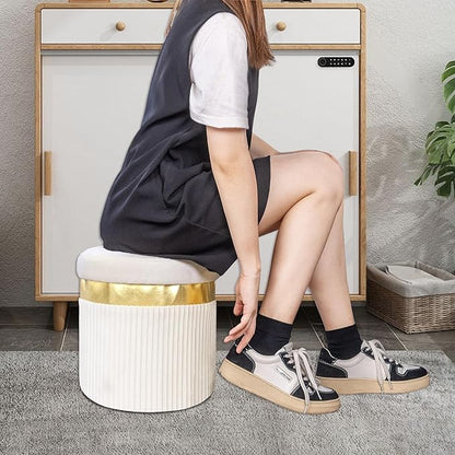 xuperbonusSmall Ottoman with Storage,Folding Round Ottoman with Gold Trim,Velvet Storage Stool,Foot Stool with Soft Padded,Foot Rest for Living Room13“x13”x12.4(YZbeige,1pcs)