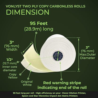 Two Ply Copy Carbonless Rolls 3x95 White/Canary for Clover Kitchen Printer Paper (24 rolls)
