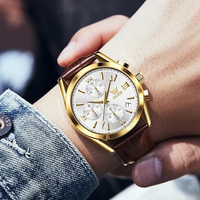 OLEVS Men's Chronograph Leather Watch, Big Face Easy to Read Analog Quartz Dress Watch, Casual Waterproof Luminous Hands Date Watches for Men, White/Blue/Black/Gold Dial