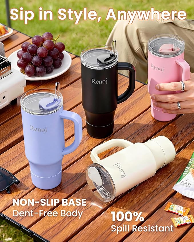 Renoj Tumbler with Handle 100% Spill Resistant Insulated Water Bottle for Iced Coffee & Hot Drinks - Fits Car Cup Holder, Ideal Gift, 2 Straws & Silicone Boot BPA-Free - FlexSlide Pink 40 oz