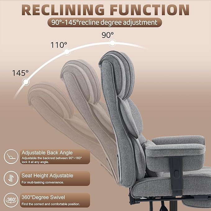 Vonesse Big and Tall Office Chair, Computer Chair with Soft Adjustable Armrests, Ergonomic Gaming Chair with Breathable Linen Design, Executive Chairs with Footrest (Linen Fabric, Dark Gray)