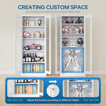 Display Storage Cabinet with Glass Door, 67 Inches Metal Curio Cabinet with 4 Adjustable Shelves, HD&Tempered Glass Display Case for Home, Office, Clinic, Pantry, Assemble Required (White)
