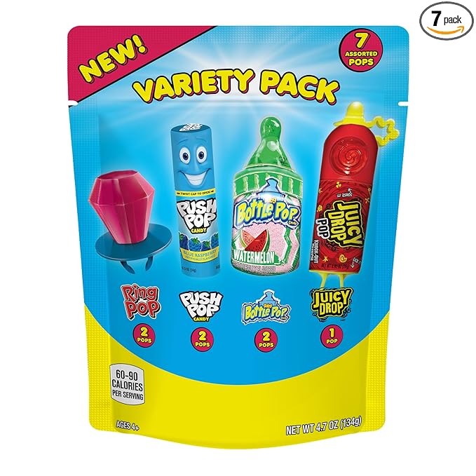Christmas Candy Variety Pack Bag, 7 Ct Individually Wrapped Lollipops, Ring Pop, Push Pop, Baby Bottle Pop & Juicy Drop, Birthday Party Favors, Stocking Stuffers, Christmas Candy Bowls, Kids Gifts