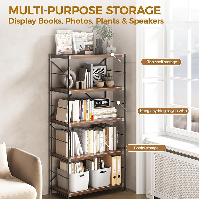 5-Tier Industrial Bookshelf, Modern Metal & Wood Bookcase, Sturdy Storage Rack for Office, Living Room, Bedroom & Study, Open Shelves for Books, Decor & More