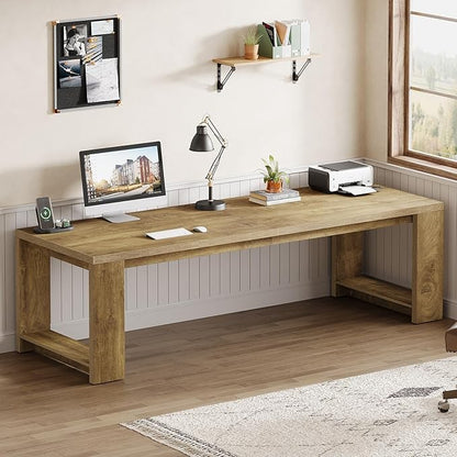 Tribesigns Two Person Desk, 86.6 Inches Extra Long Desk, Double Computer Writing Table, Wood Large Desks Workstation for Home Office, Natural Oak