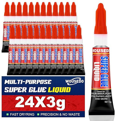 24 X 3g Super Glue Liquid, Clear Strong Adhesive,Fast Drying Cyanoacrylate Glue for Wood, Rubber, Leather, Hard Plastic, Metal, DIY Crafts and More